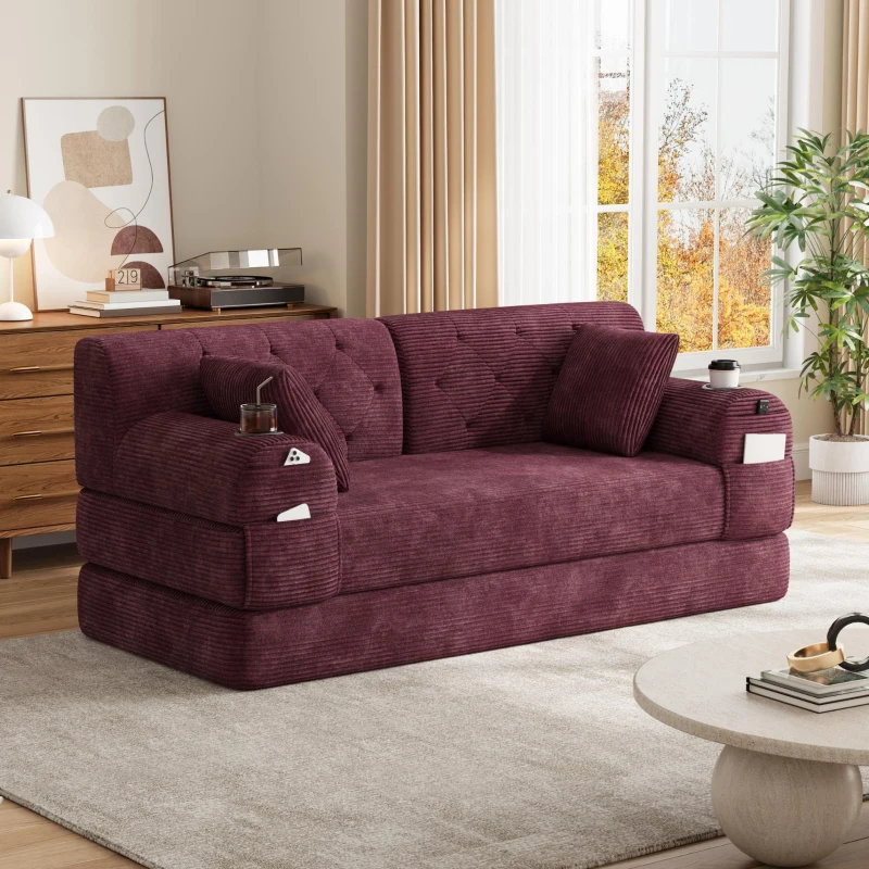 Doppeltes komprimiertes Cordsofa, Metallrahmen, 2 Becherhalter und 4 Seitentaschen, 168L x 80B x 81H cm, Weinrot