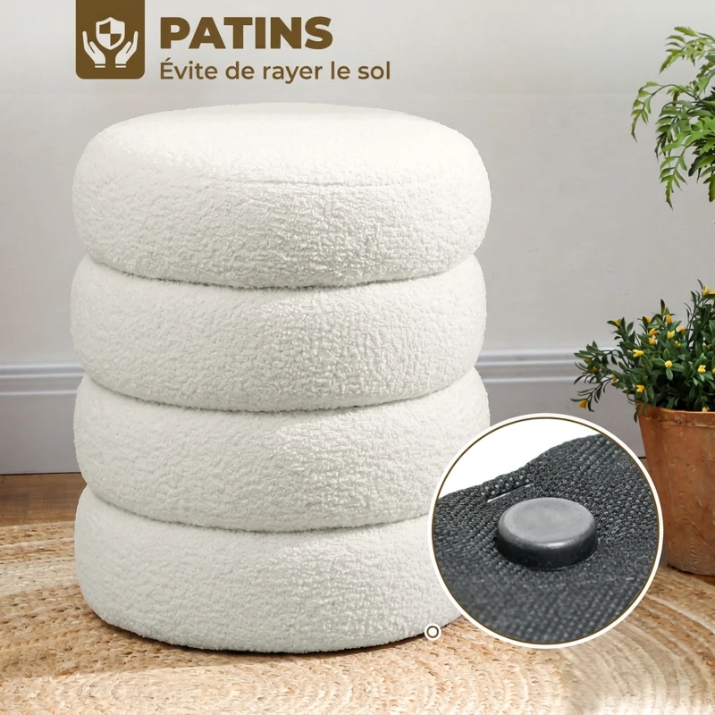 HOMCOM Repose pied salon, tabouret ottoman rond rembourré en peluche Teddy, pour chambre à coucher, entrée, Ø 40 x 45 cm, blanc