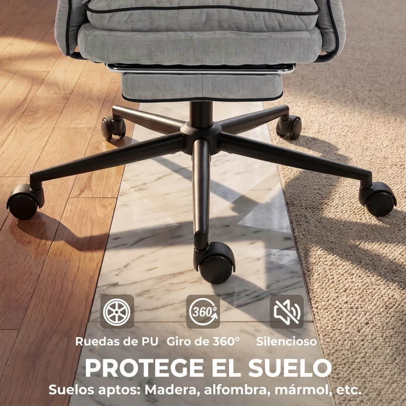 HOMCOM Silla de Escritorio con Reposapiés Reposabrazos Abatibles Respaldo Alto y Reclinable 145° Reposacabezas Ajustable Gris