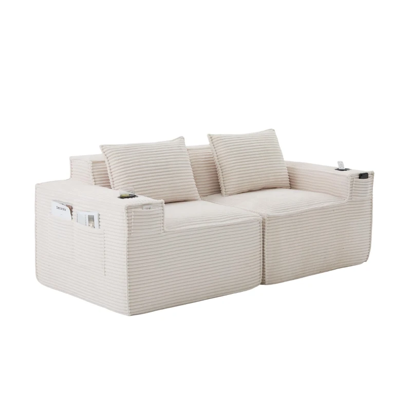 Modulares Doppelsitz-Cordsofa mit Becherhaltern und Seitentaschen, Federkern und hochdichtem Schaumstoff, 188L x 90B x 75H cm, Beige