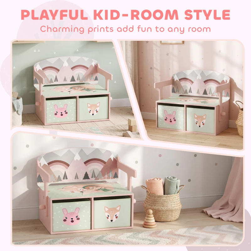 AIYAPLAY Kids Table and Chair Set, 3 in 1 Wooden Toy Box with 2 Fabric Drawers for Bedroom, Playroom, Gift for Boys Girls, Pink