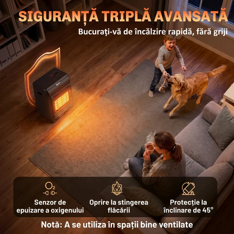 Outsunny Sobă pe Gaz Portabilă 4,2 kW, cu 3 Trepte de Căldură, Neagră