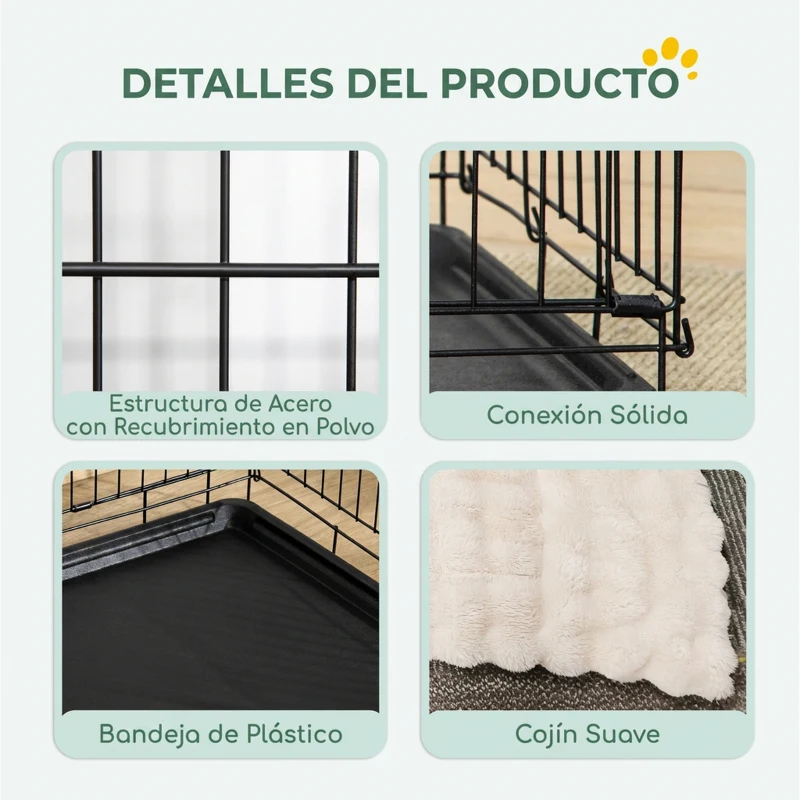 PawHut Jaula para Perros Plegable con Cojín Puertas Bandeja Extraíble y Marco de Alambre Metálico 90x57,5x62 cm Negro y Beige
