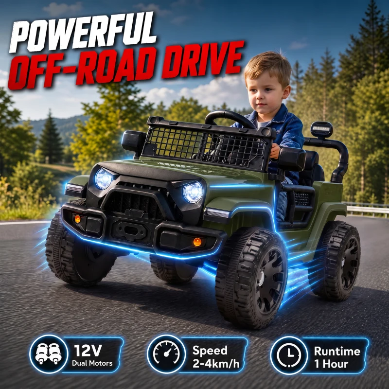 AIYAPLAY 12V Electric Car for Kids with Remote, Dual Motors, Rear Suspension, Soft Start, Music, Lights for 3-8 Years, Dark Green