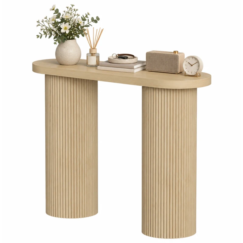 HOMCOM Table Console Cannelée, Rangement Dissimulé, Pieds Colonnes, Style Rustique, Console d'Entrée Étroite, 103x35x80cm Chêne