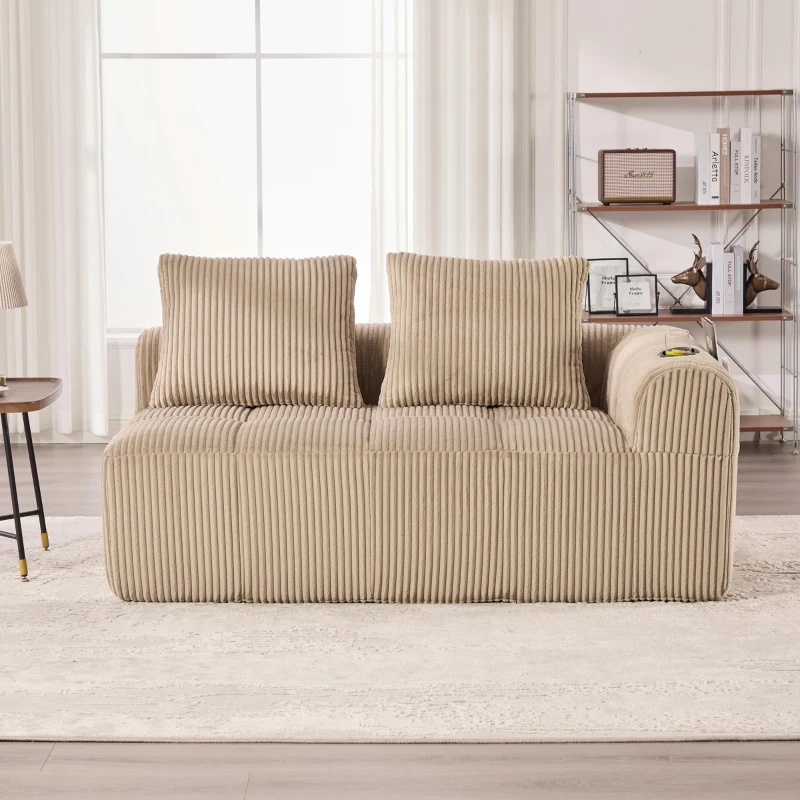 Bequemes Cordsofa mit zwei Sitzern, seitliche Aufbewahrungstasche für Fernbedienung und Handy, eingebauter Getränkehalter, 158X93X61 cm, Khaki