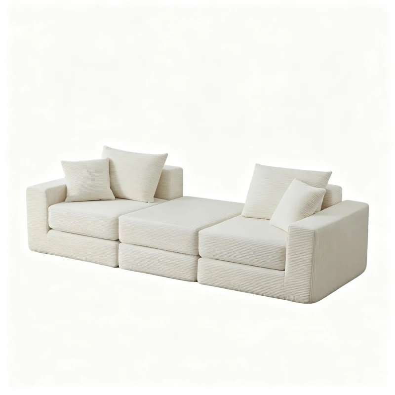Knochenlose Sofabestuhlung mit rutschfester Basis, mit breiten Armlehnen, bequemen Rückenlehnen und einem hochelastischen Polster, Maße 259,5 L x 96 B x 64,5 H cm, Weiß