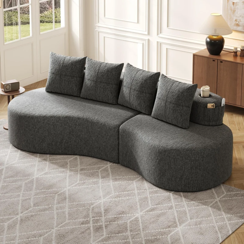 Leinensofa mit 4 Kissen, darunter Getränkehalter und Seitentaschen, 240L x 109B x 63H cm, Khaki