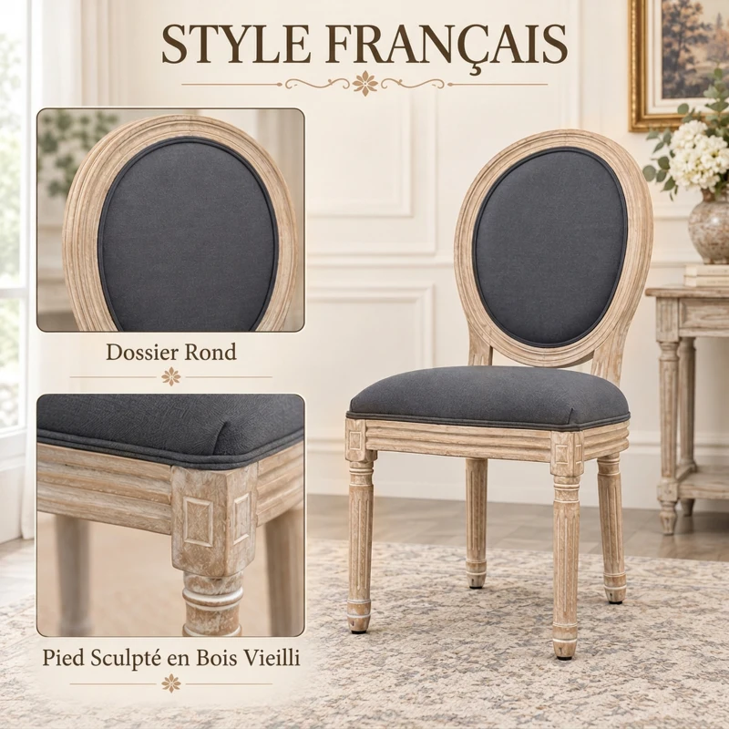 HOMCOM Lot de 2 Chaises de Salle à Manger, Chaises Médaillon Style Louis XVI, Assise et Dossier Rembourrés en Effet Lin, Gris