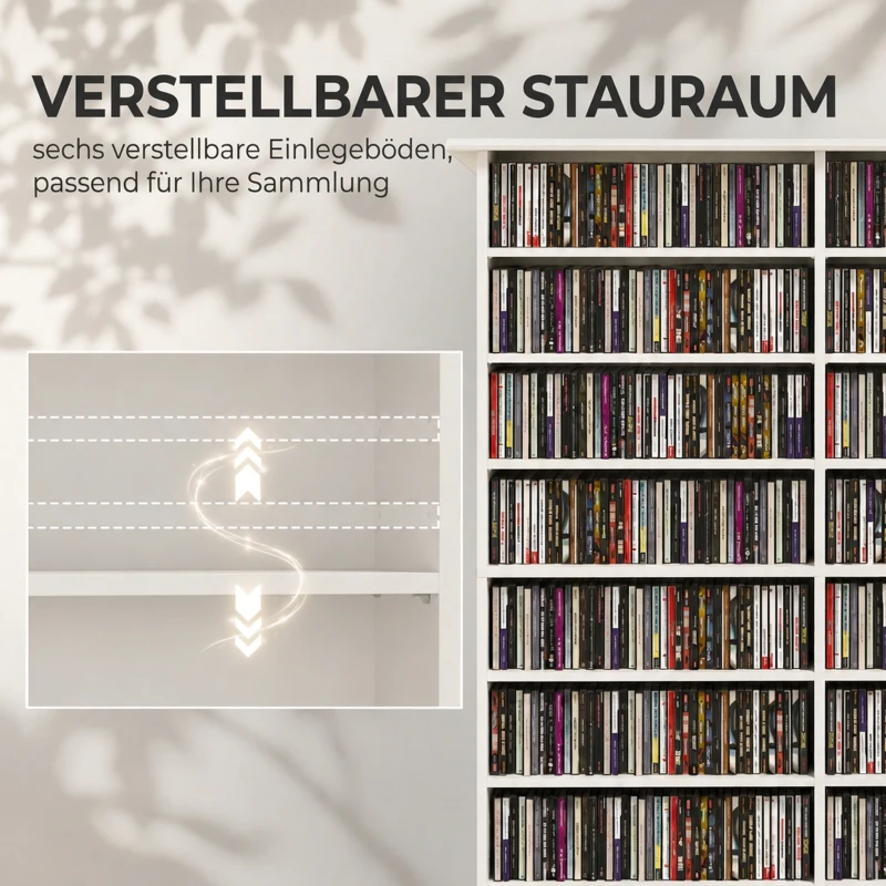 HOMCOM Mediarek, 8 niveaus, dvd-rek met 12 verstelbare planken, 16 vakken, voor 720 cd's, wit