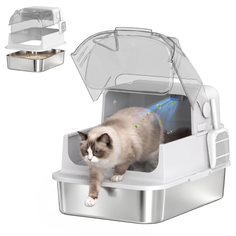 PawHut 3 in 1 Geschlossene Katzentoilette XL 90L aus Edelstahl mit abnehmbarem Deckel, Schaufel, hohe Wände, Weiß