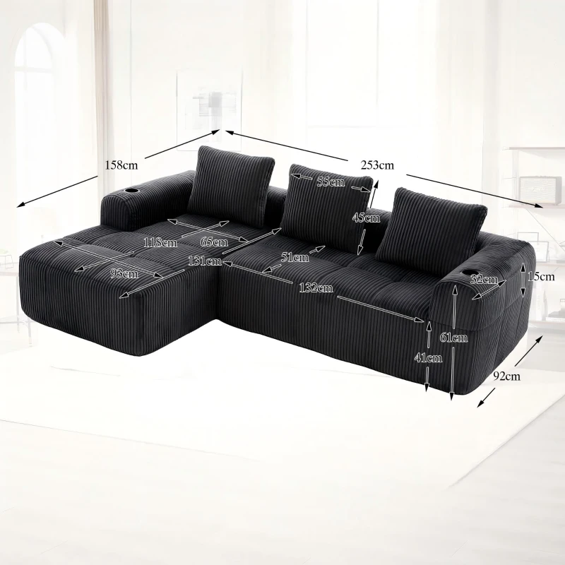 Cord-Kombinationssofa mit 3 Kissen, Seitentaschen und Getränkehaltern, 253L x 158B x 61H cm, Dunkelgrau