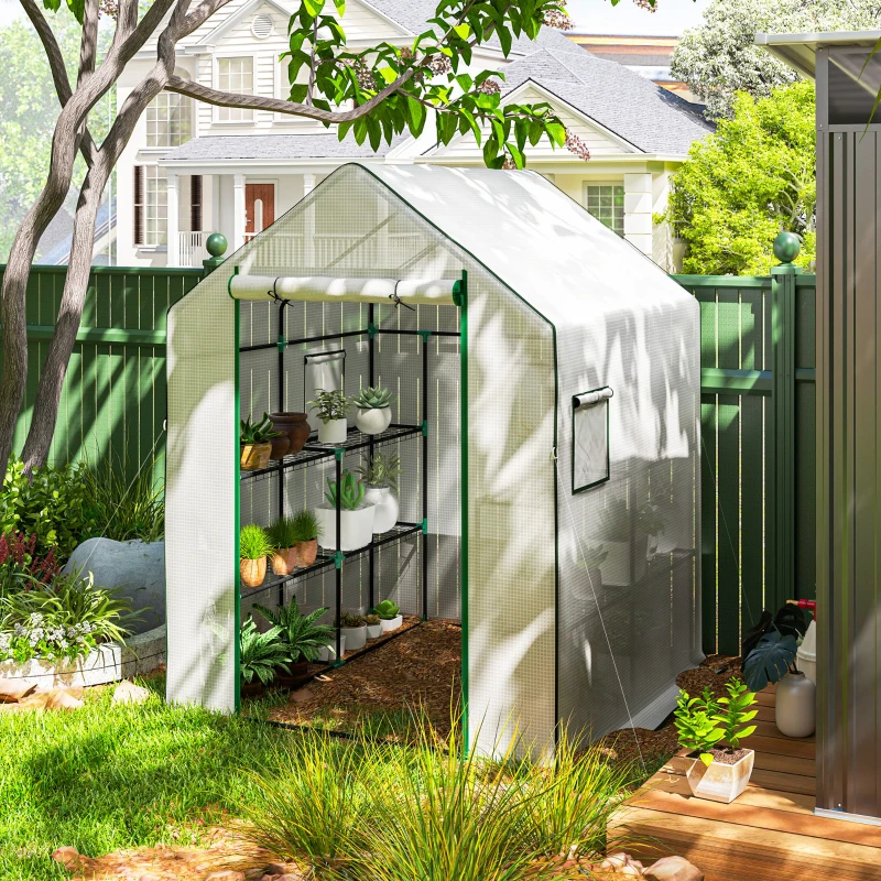 Outsunny Invernadero de Exterior con 6 Estantes Puerta Enrollable Cubierta de PE y Marco de Acero 140x143x190 cm Blanco