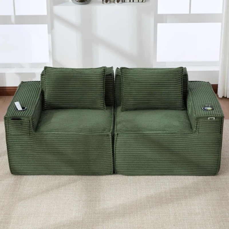 Modulares Doppelsitz-Cordsofa mit Becherhaltern und Seitentaschen, Federkern und hochdichtem Schaumstoff, 188L x 90B x 75H cm, Grün