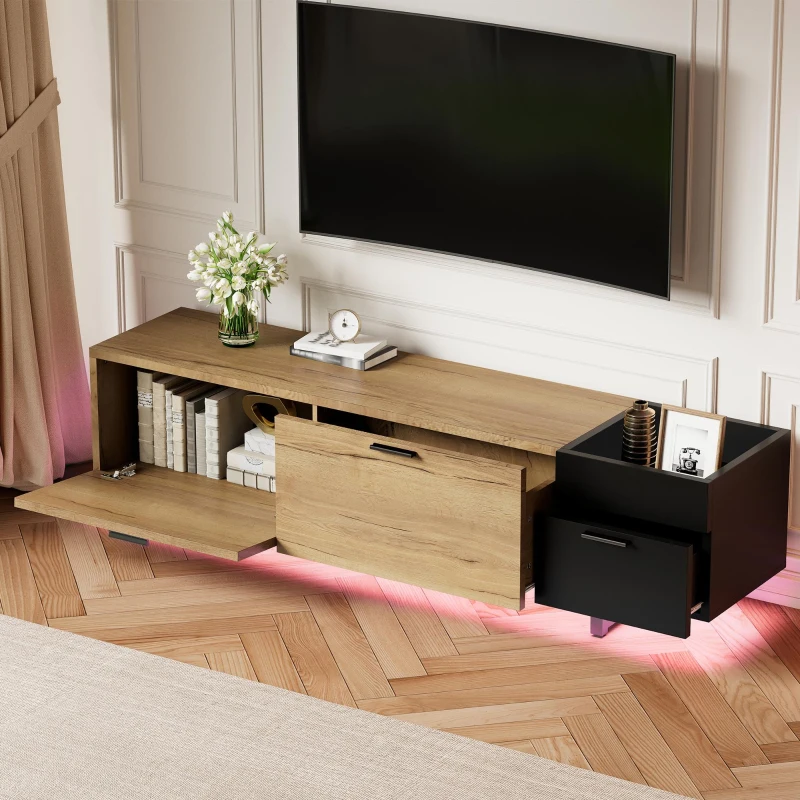 Moderner TV-Schrank, offene Fächer, große Schubladen und geschlossener Stauraum, 180L x 38B x 33H cm, Schwarz