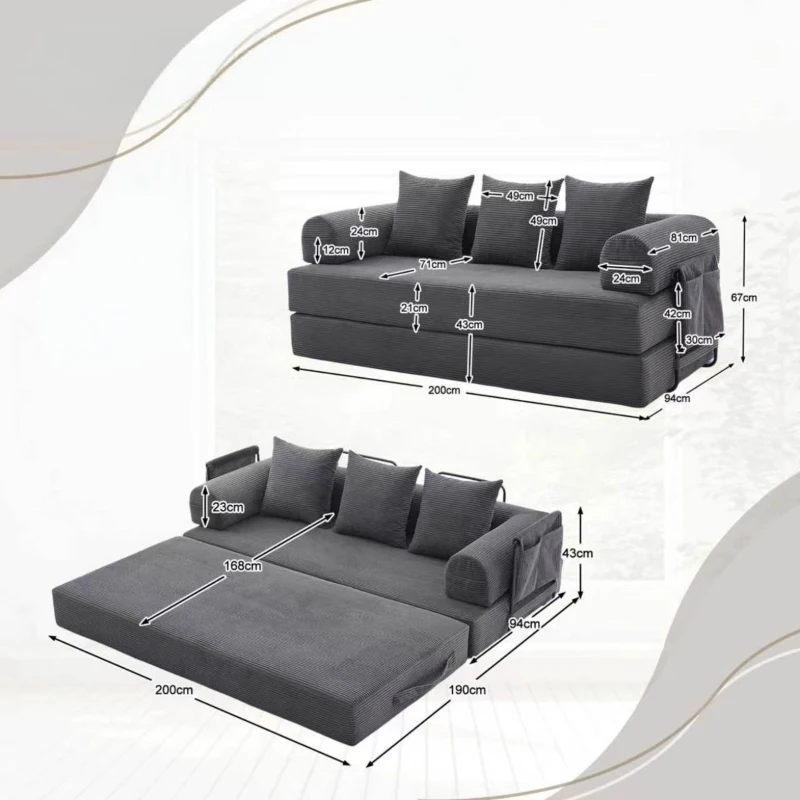 Faltbares Kompressionssofa mit stabilem Metallrahmen, Seitentaschen plus 3 Kissen, 200L x 94B x 67H cm, Dunkelgrau