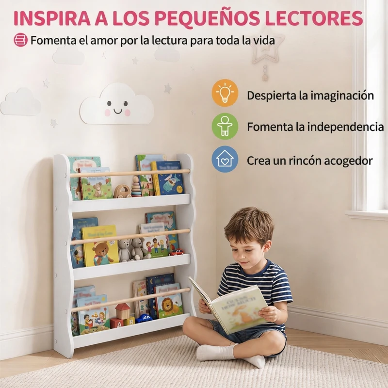 AIYAPLAY Librería Infantil de Pared de 3 Niveles Estantería para Libros para Dormitorio Guardería de 3 a 8 Años Blanco
