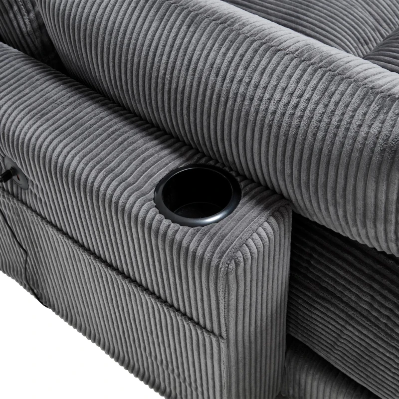 Das schwarze Cord-Doppelsofa verfügt über 2 Kissen, 4 Becherhalter und 4 Seitentaschen, kann in zwei unabhängige Sitze geteilt werden, 224L x 140B x 81H cm , Grau