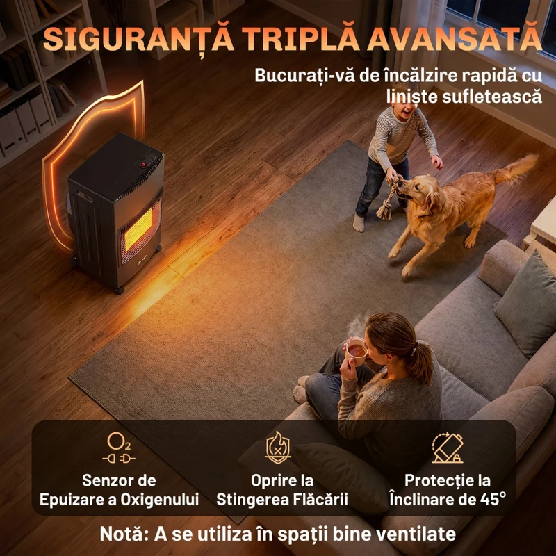 Outsunny Sobă pe Gaz 4,2 kW, 3 Trepte de Căldură, ODS, Oprire la Stingerea Flăcării, Anti-răsturnare