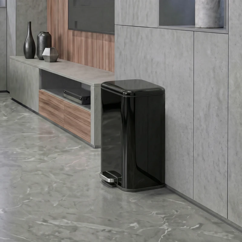 HOMCOM 20 L Kitchen Pedal Bin, Metal Rubbish Bin with Removable Inner Bucket, Soft-Close & Stay-Open Lid, High Gloss Black