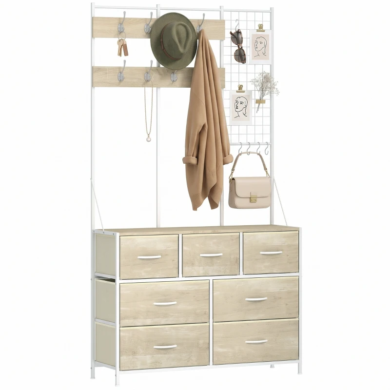 HOMCOM Porte-Manteau 4 en 1, Meuble d'Entrée avec 7 Tiroirs Pliables en Tissu, 14 Crochets et Panneau Grillagé, Chêne
