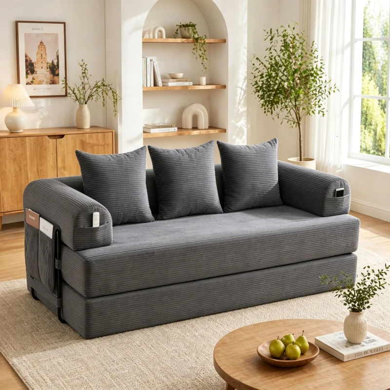 Faltbares Kompressionssofa mit stabilem Metallrahmen, Seitentaschen plus 3 Kissen, 200L x 94B x 67H cm, Dunkelgrau