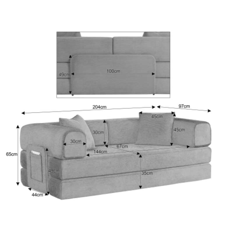 Knochenloses modulares Sofa, umbaubar in ein Bett, umfasst 2 Polster und einen Stahlrahmen, 204L x 97B x 65H cm, Beige