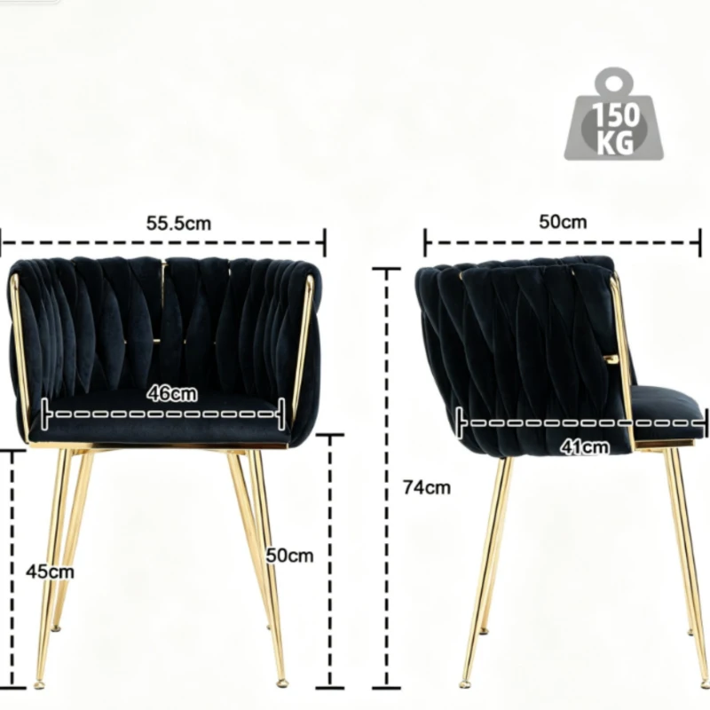 Samt-Esssessel mit goldenen Metallbeinen, elegantes handgewebtes Design, 55,5x41x74 cm, Schwarz