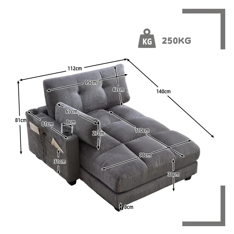 Palm-Sessel mit austauschbaren linken und rechten Armlehnen, drei Becherhaltern und einer Seitentasche, USB-Anschlüssen an den Seitenlehnen, 140L x 112B x 81H, Grau
