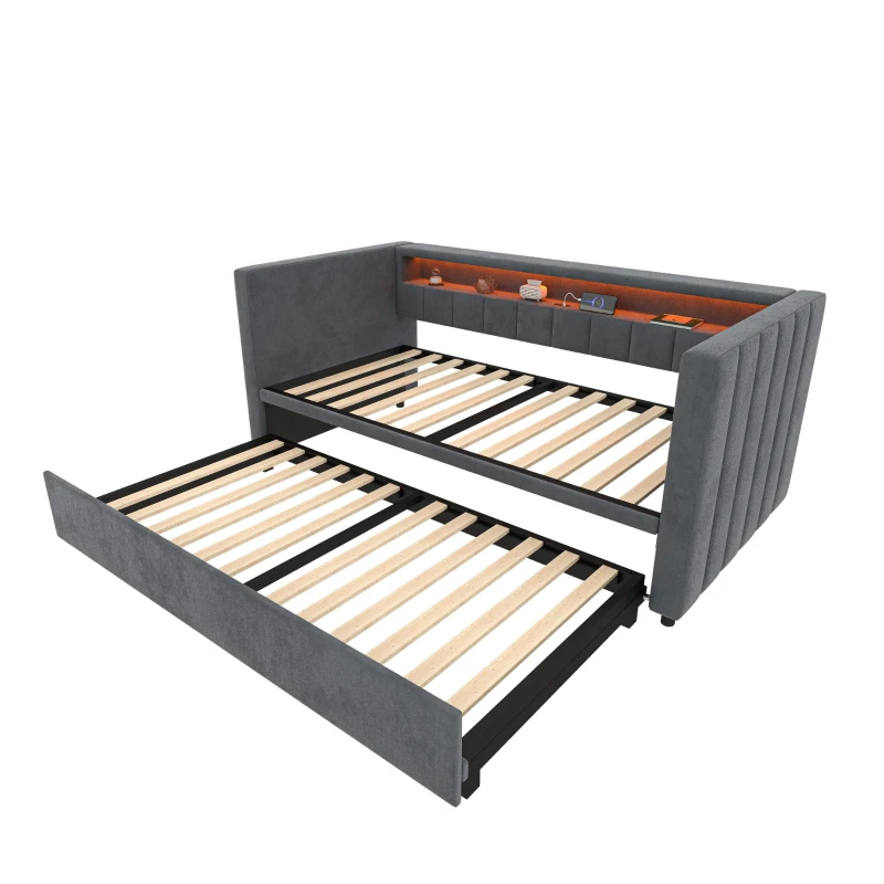 Multifunktionales Schlafsofa 90.5x190.5 cm, mit ausziehbarem Bett, USB-Typ-C-Anschluss und LED-Beleuchtung, 201L x 100-192B x 73H cm, Dunkelgrau