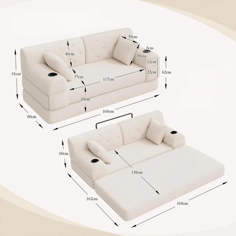 Doppeltes komprimiertes Cordsofa, Metallrahmen, 2 Becherhalter und 4 Seitentaschen, 168L x 80B x 81H cm, Beige