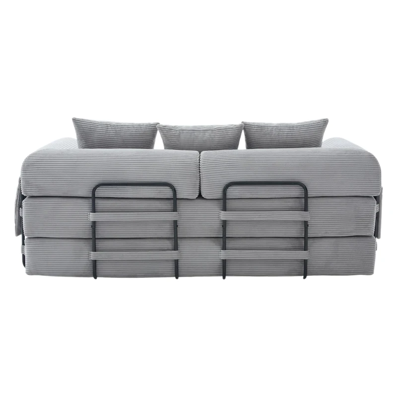 Faltbares Kompressionssofa mit stabilem Metallrahmen, Seitentaschen plus 3 Kissen, 200L x 94B x 67H cm,Hellgrau