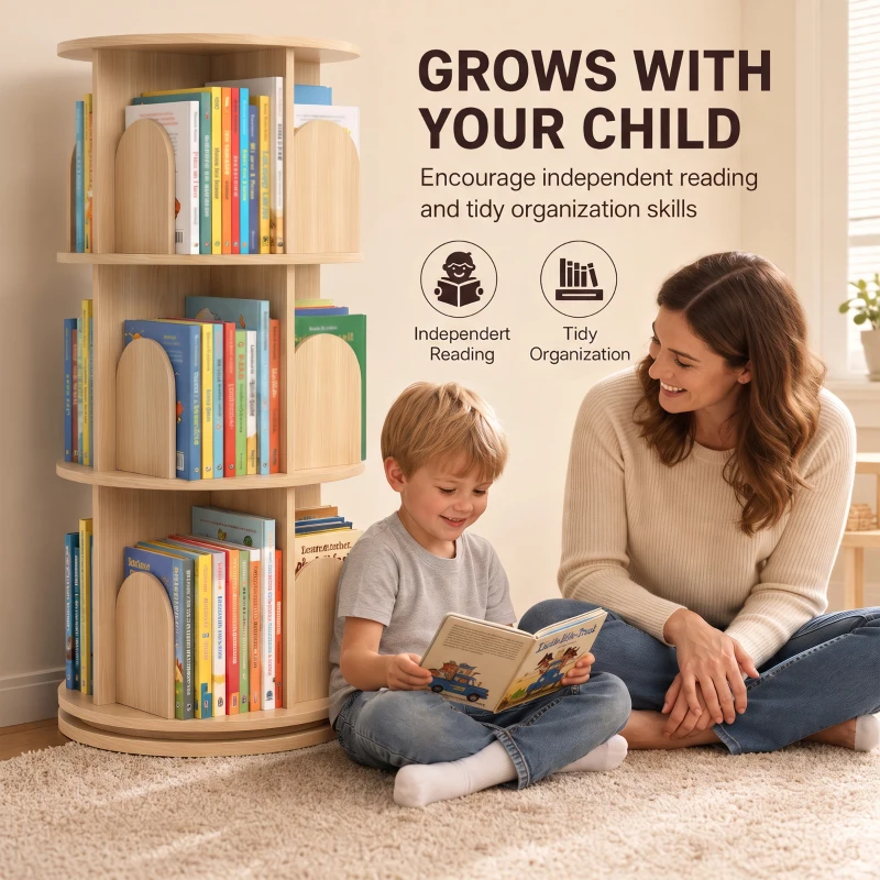 AIYAPLAY Bibliothèque Enfant Rotative 3 Niveaux, Meuble de Rangement Enfant en Bois pour Chambre, Salle de Jeu, Bois Naturel
