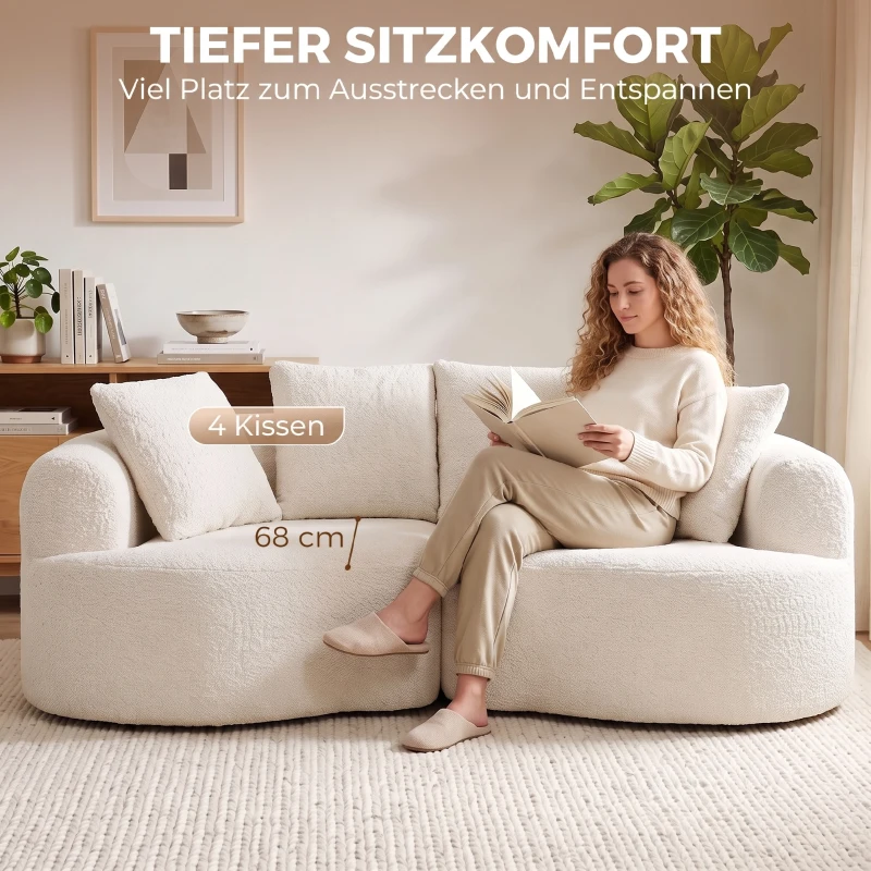 HOMCOM Sofa 3 Sitzer 207 cm Cloud Sofa mit Chenille-Optik, 4 Wurfkissen für Schlafzimmer, Werkzeugfreie Montage, Cremeweiß