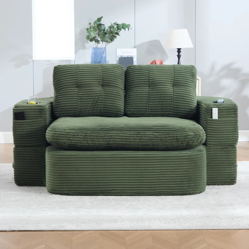 2-in-1 Cordsofa mit verstellbarer Funktion, 2 Getränkehaltern, hohe Rückenlehne und extra tiefe Sitzfläche, 165L x 97B x 61H cm, Smaragdgrün