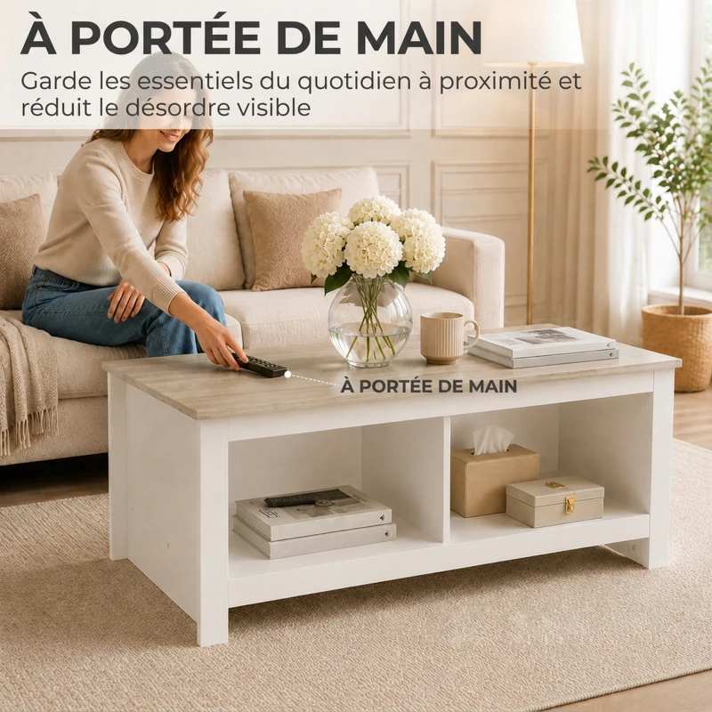 HOMCOM Table Basse Rectangulaire, Table de Salon Moderne avec 4 Compartiments Ouverts, 110 x 55 x 45,5 cm, Chêne et Blanc
