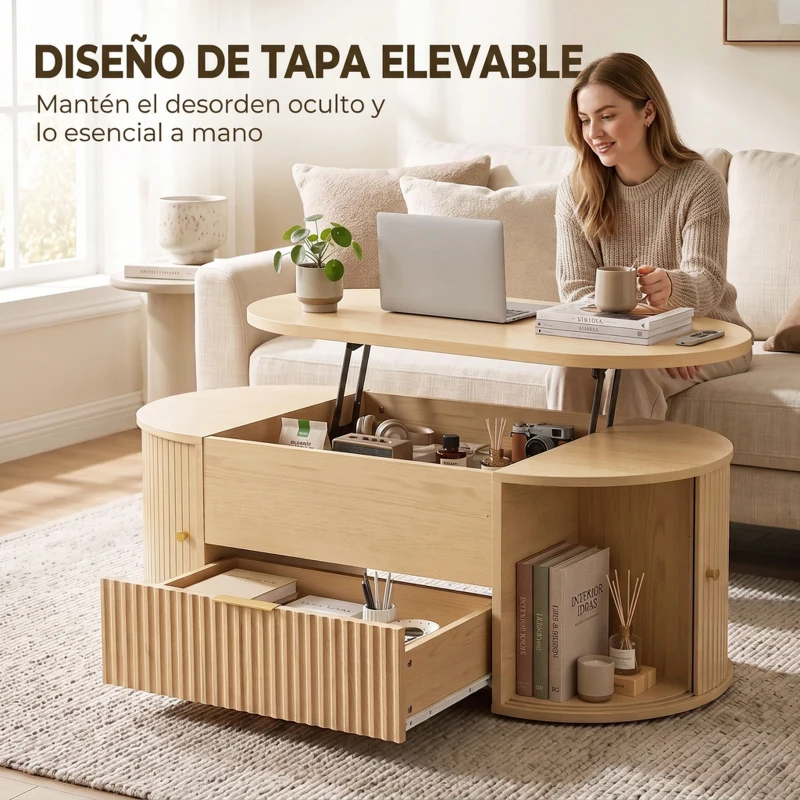 HOMCOM Mesa de Centro Elevable con Almacenaje Compartimento Oculto Cajón Acanalado y Puertas Correderas Tipo Persiana Roble