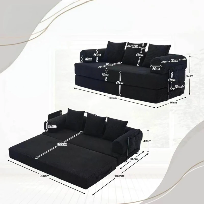 Faltbares Kompressionssofa mit stabilem Metallrahmen, Seitentaschen plus 3 Kissen, 200L x 94B x 67H cm,Schwarz