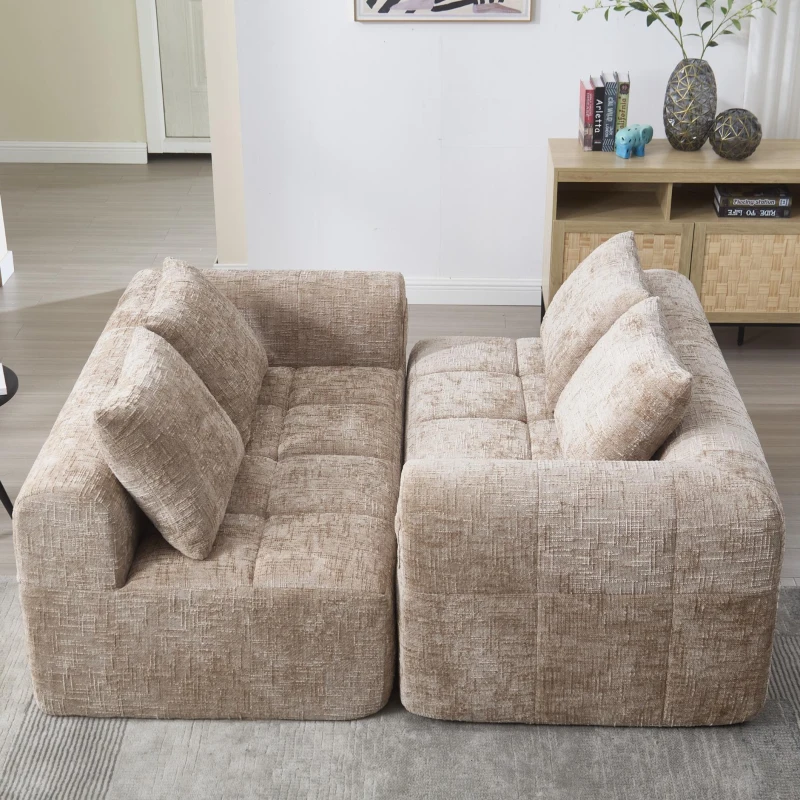 Bequemes Doppelsofa mit Kissen, Seitentaschen für Fernbedienung und Handy, 158X90X60 cm, Khaki