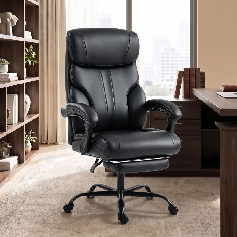 HOMCOM Sedia Ufficio Ergonomica Girevole Reclinabile 165° in Pelle PU, Poggiapiedi, Altezza Regolabile, Nero