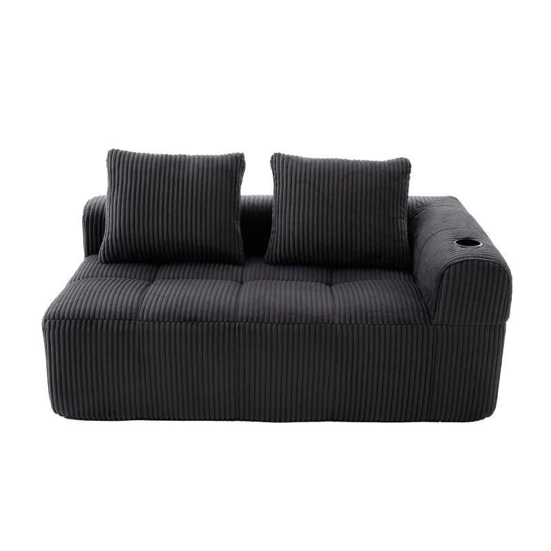 Bequemes Cordsofa mit zwei Sitzern, seitliche Aufbewahrungstasche für Fernbedienung und Handy, eingebauter Getränkehalter, 158X93X61 cm, Dunkelgrau