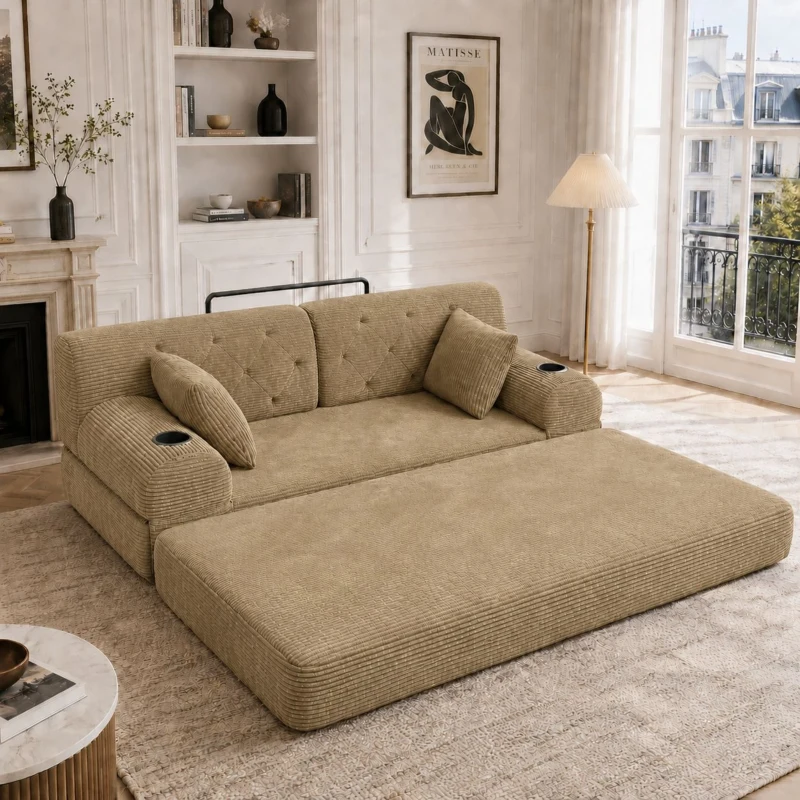 Doppeltes komprimiertes Cordsofa, Metallrahmen, 2 Becherhalter und 4 Seitentaschen, 168L x 80B x 81H cm, Khaki