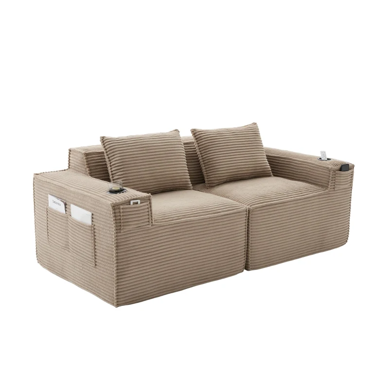 Modulares Doppelsitz-Cordsofa mit Becherhaltern und Seitentaschen, Federkern und hochdichtem Schaumstoff, 188L x 90B x 75H cm, Khaki