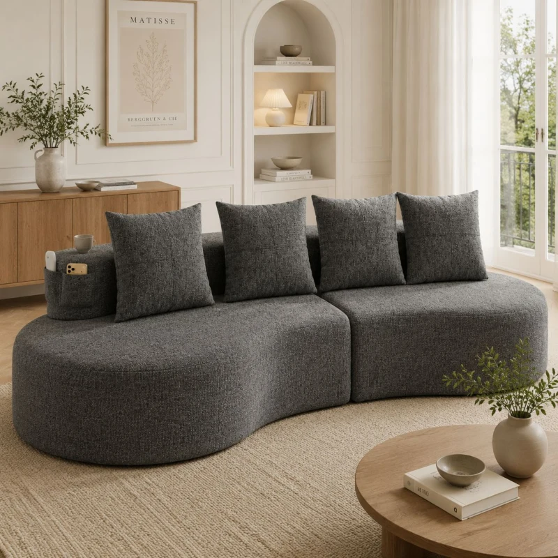 Leinensofa mit 4 Kissen, darunter Getränkehalter und Seitentaschen, 240L x 109B x 63H cm, Dunkelgrau