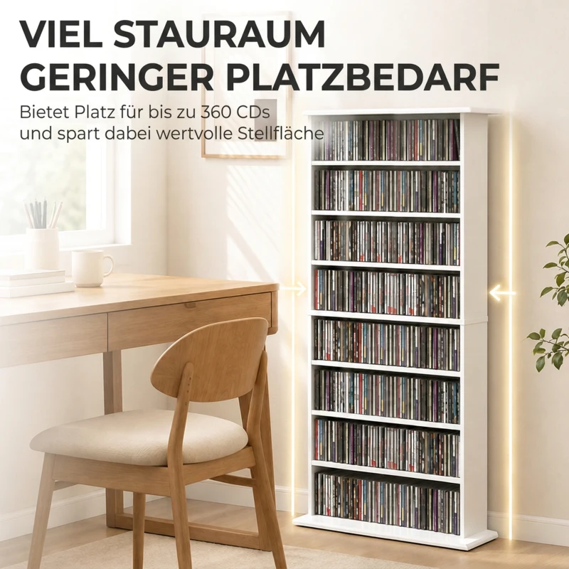 HOMCOM Smalle mediakast, 8 niveaus, 6 verstelbare legplanken, 8 vakken, voor 360 cd's, wit