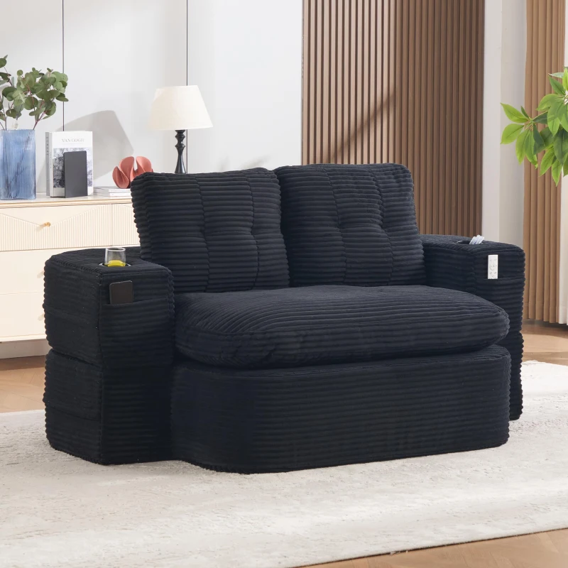 2-in-1 Cordsofa mit verstellbarer Funktion, 2 Getränkehaltern, hohe Rückenlehne und extra tiefe Sitzfläche, 165L x 97B x 61H cm,Schwarz