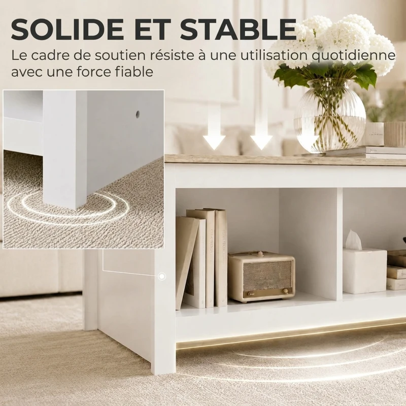 HOMCOM Table Basse Rectangulaire, Table de Salon Moderne avec 4 Compartiments Ouverts, 110 x 55 x 45,5 cm, Chêne et Blanc