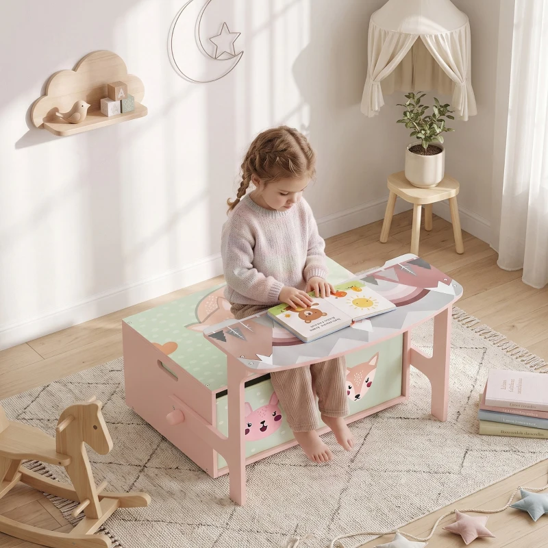 AIYAPLAY Banco Infantil Convertible 3 en 1 Juego de Mesa y Silla Baúl de Juguetes con 2 Cajones de Tela 3-6 Años Rosa
