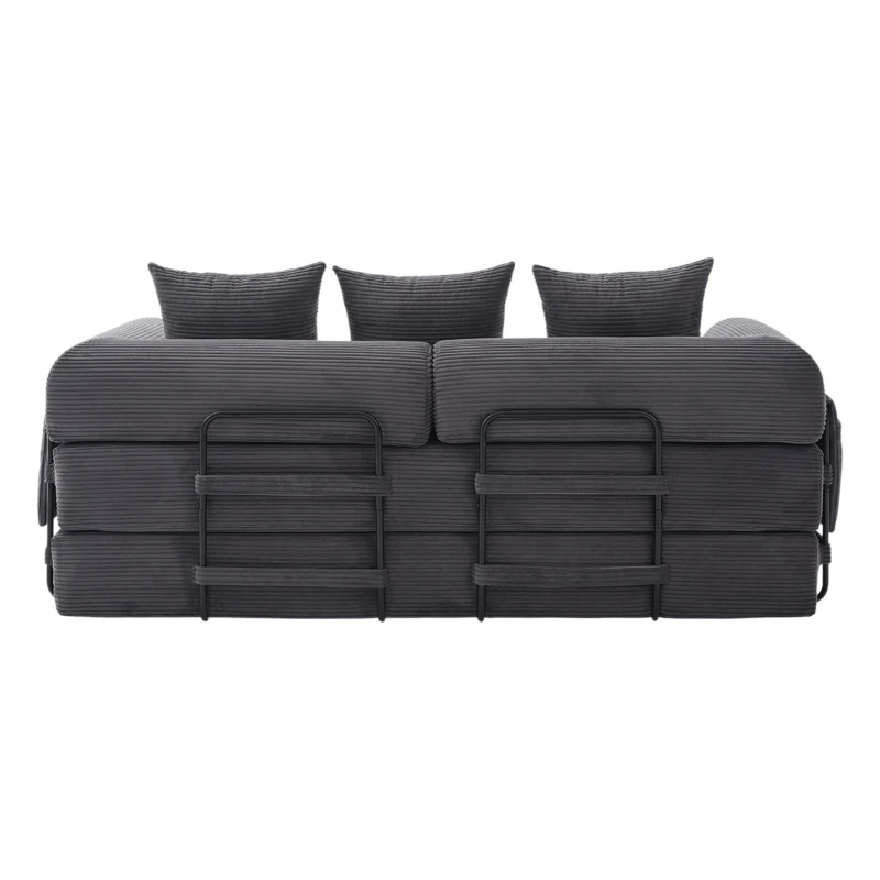 Faltbares Kompressionssofa mit stabilem Metallrahmen, Seitentaschen plus 3 Kissen, 200L x 94B x 67H cm, Dunkelgrau