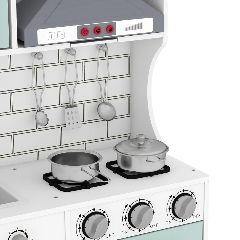 AIYAPLAY Cozinha de Madeira com Luzes e Sons, Exaustor, Dispensador de Água, Máquina de Café, Frigorífico e Forno